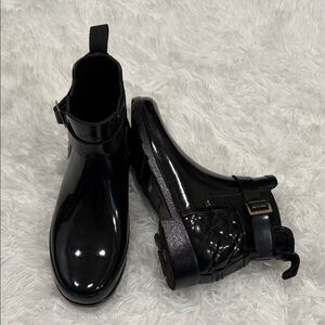 Hunter Refined Quilted Gloss Rain Boots Black Ankle Buckle Size 7
